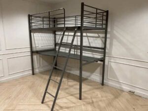 3-foot bunk bed with work desk, steel frame, gray