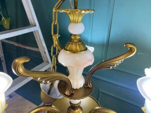 Chandelier, glass pendant lamp, gold color.