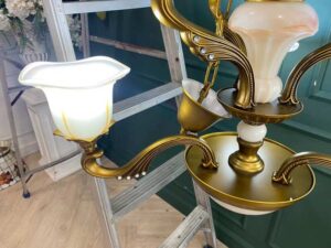 Chandelier, glass pendant lamp, gold color.