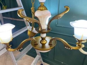 Chandelier, glass pendant lamp, gold color.