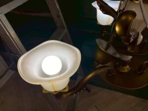 Chandelier, glass pendant lamp, gold color.