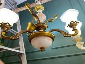 Chandelier, glass pendant lamp, gold color.