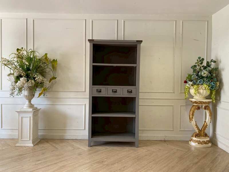 Wooden 4-shelf bookcase/document shelf with 3 drawers, gray color.