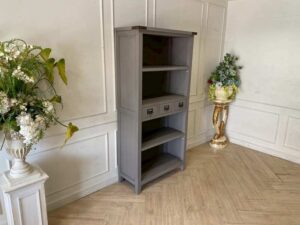 Wooden 4-shelf bookcase/document shelf with 3 drawers, gray color.