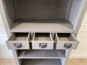 Wooden 4-shelf bookcase/document shelf with 3 drawers, gray color.