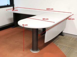 Executive desk, L-shaped corner, light gray wood top, steel legs, has a steel plate to shield the view under the desk, brand UB.