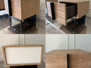 Modern style wooden bedside table set with black iron legs.