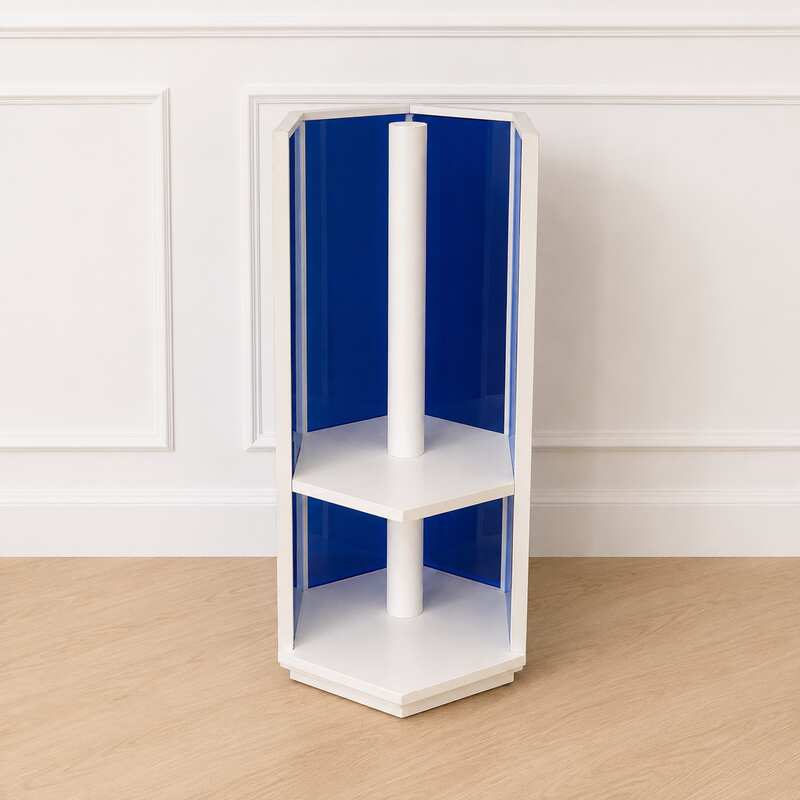 Hexagonal product shelf, steel frame, blue acrylic frame._GORW0547WP