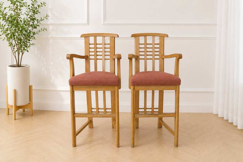 Children's chair, wooden frame (high seat), children's dining chair Brick orange fabric upholstery_GSDXDQTYMG
