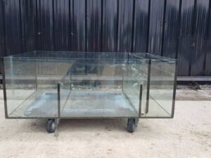 Glass fish tank, steel frame, 3 compartments, black