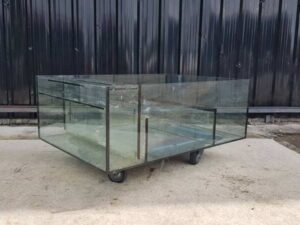 Glass fish tank, steel frame, 3 compartments, black