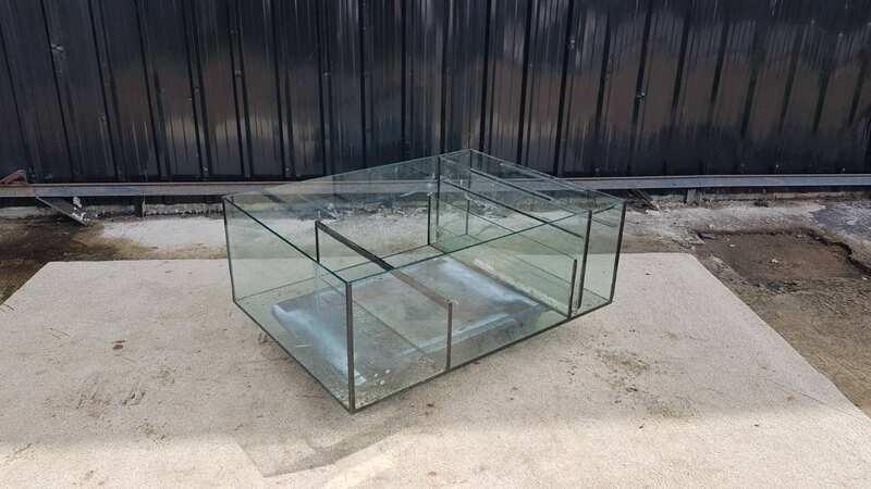 Glass fish tank, steel frame, 3 compartments, black