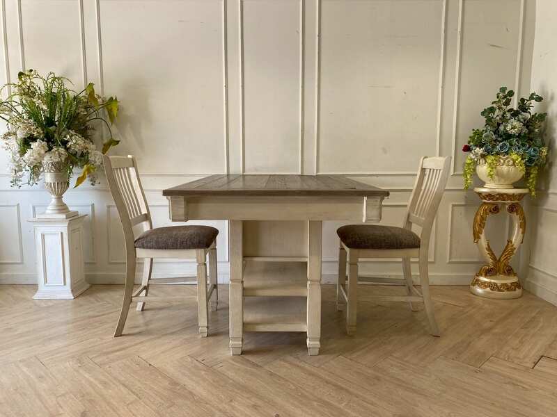 Wooden Dining Table with 4 Drawers, Cream Colored Wooden Chairs with Fabric Upholstery, BOLANBURG Model