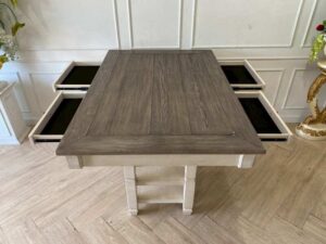 Wooden Dining Table with 4 Drawers, Cream Colored Wooden Chairs with Fabric Upholstery, BOLANBURG Model