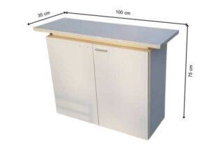 Two-door filing cabinet with wide wooden top, white color.