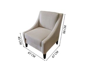 Armchair with beige fabric upholstery and dark wood legs.