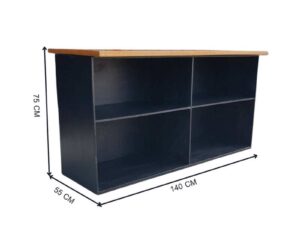 4-shelf black shelf with cream-colored wood top and plywood.