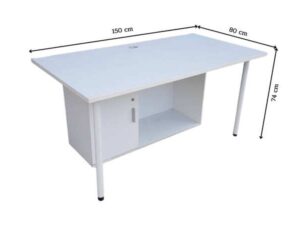 White wooden desk with steel legs.