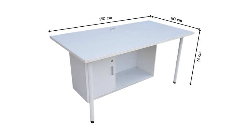 White wooden desk with steel legs.