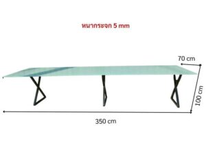 Conference table with glass top and black steel legs, 350 cm.
