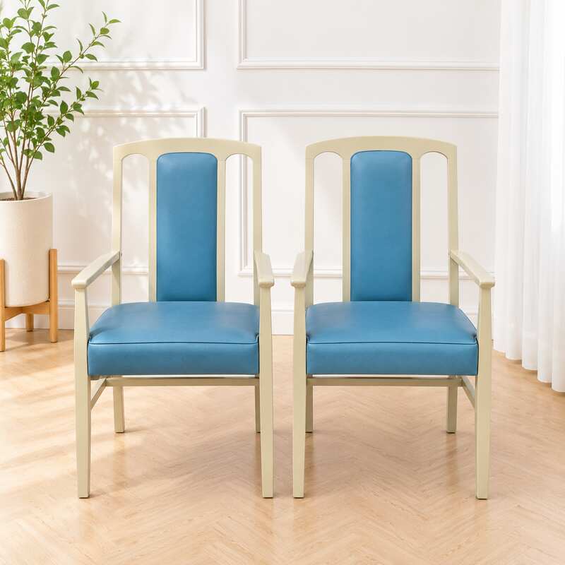 Chair with teak frame, high back, arms, blue leather seat._HYUHQEGKLG