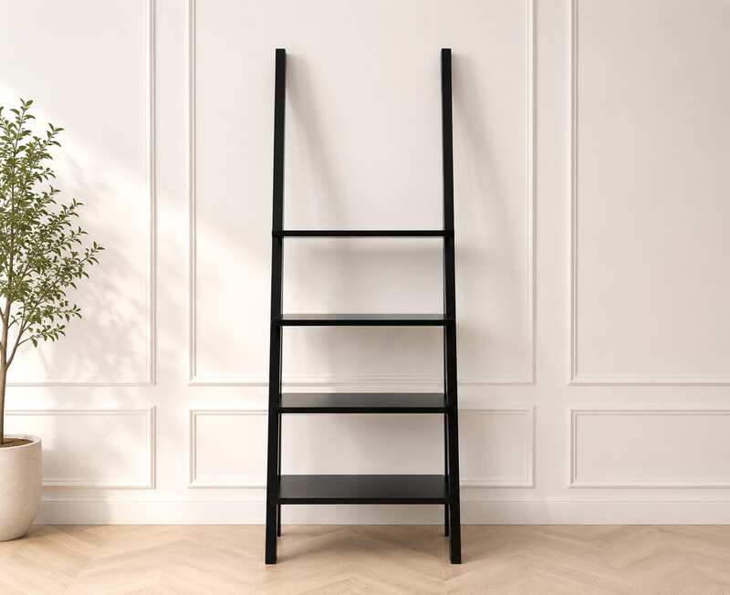 Black wooden ladder-shaped shelving unit