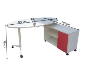 Oval office desk, steel legs, white surface, with document cabinet and wheels