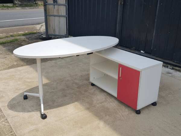 Oval office desk, steel legs, white surface, with document cabinet and wheels