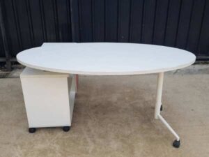Oval office desk, steel legs, white surface, with document cabinet and wheels