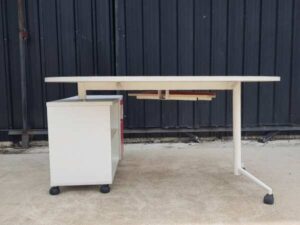 Oval office desk, steel legs, white surface, with document cabinet and wheels