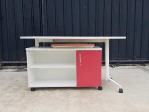 Oval office desk, steel legs, white surface, with document cabinet and wheels