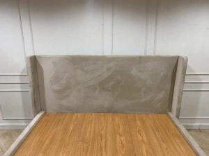 6-foot wooden bed with cream velvet fabric upholstery, S.B.FURNITURE brand.