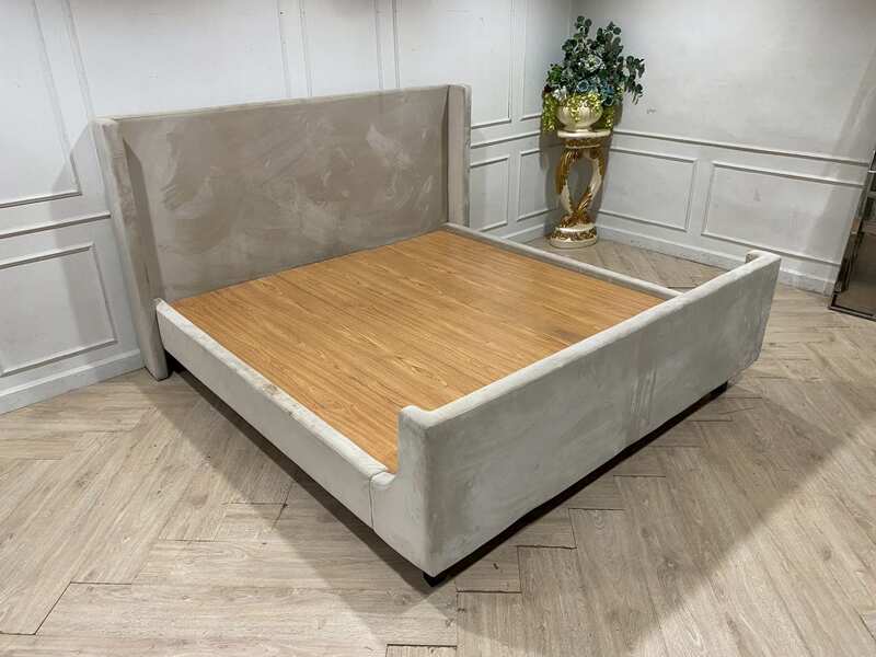 6-foot wooden bed with cream velvet fabric upholstery, S.B.FURNITURE brand.