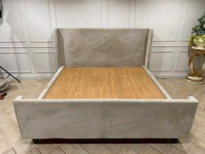 6-foot wooden bed with cream velvet fabric upholstery, S.B.FURNITURE brand.
