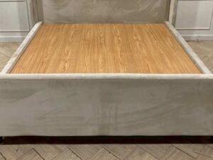 6-foot wooden bed with cream velvet fabric upholstery, S.B.FURNITURE brand.