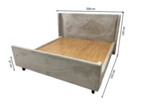 6-foot wooden bed with cream velvet fabric upholstery, S.B.FURNITURE brand.