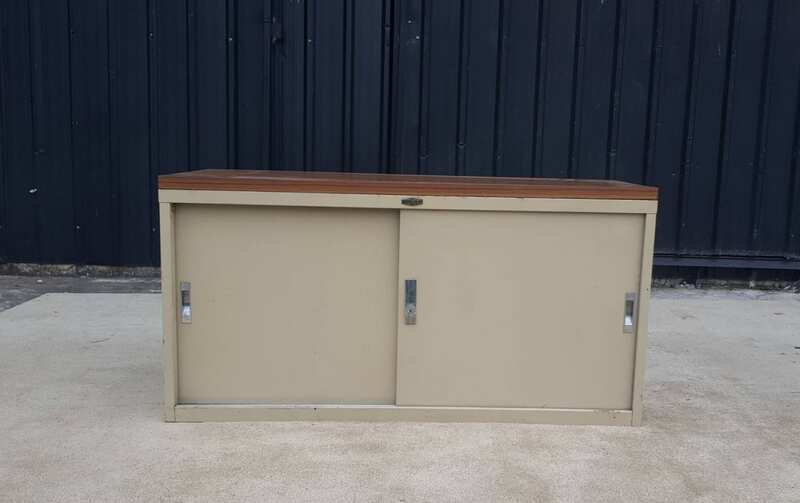 Lucky brand 2-door sliding file cabinet with wood top and steel frame, gray.
