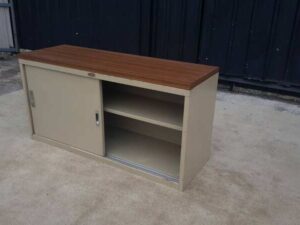 Lucky brand 2-door sliding file cabinet with wood top and steel frame, gray.