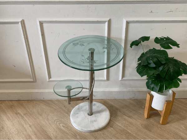 Side table, marble base, glass top, round shape, modern style