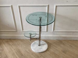 Side table, marble base, glass top, round shape, modern style
