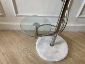 Side table, marble base, glass top, round shape, modern style