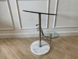 Side table, marble base, glass top, round shape, modern style