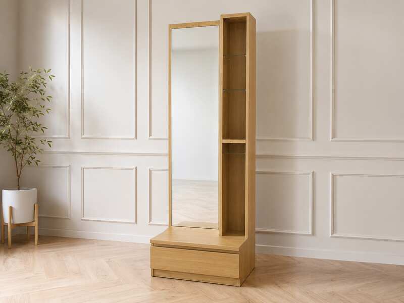 Minimalist Dressing Table in Oak Finish with Full-Length Mirror and Storage Compartments