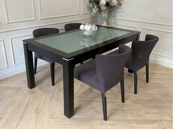 Dining table, black wooden frame, glass top