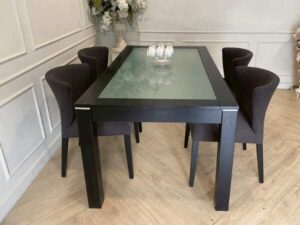 Dining table, black wooden frame, glass top