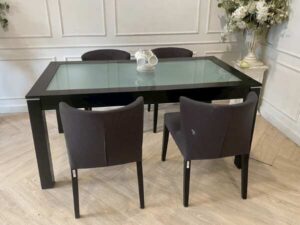 Dining table, black wooden frame, glass top