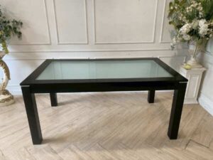 Dining table, black wooden frame, glass top