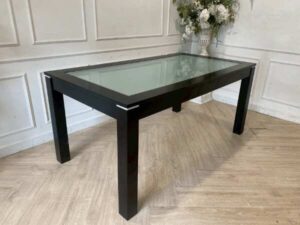 Dining table, black wooden frame, glass top