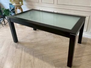 Dining table, black wooden frame, glass top