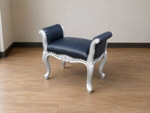 Stool, black leather seat, gray wood frame._J80DYYJX9I